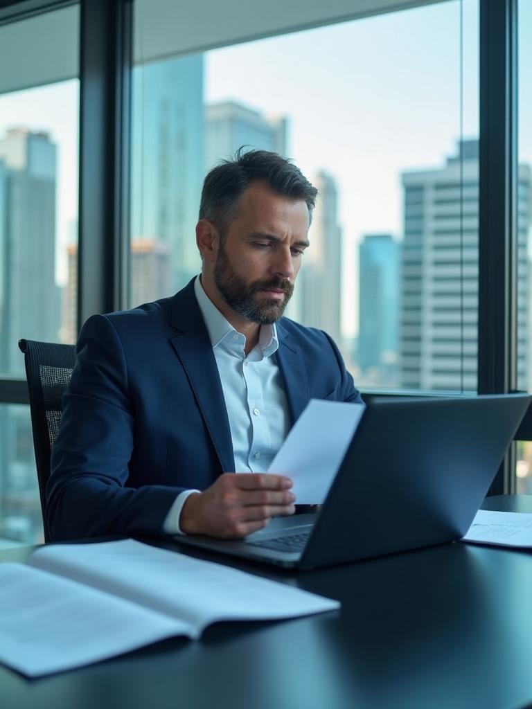 Bridging loan expert reviewing finance documents in Sydney office
